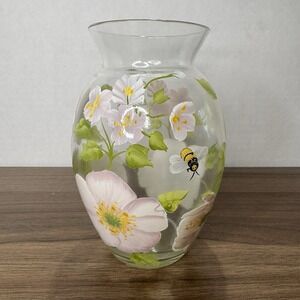 Teleflora Gift Hand Painted Bees With Dogwood Flowers 6" Glass‎ Vase